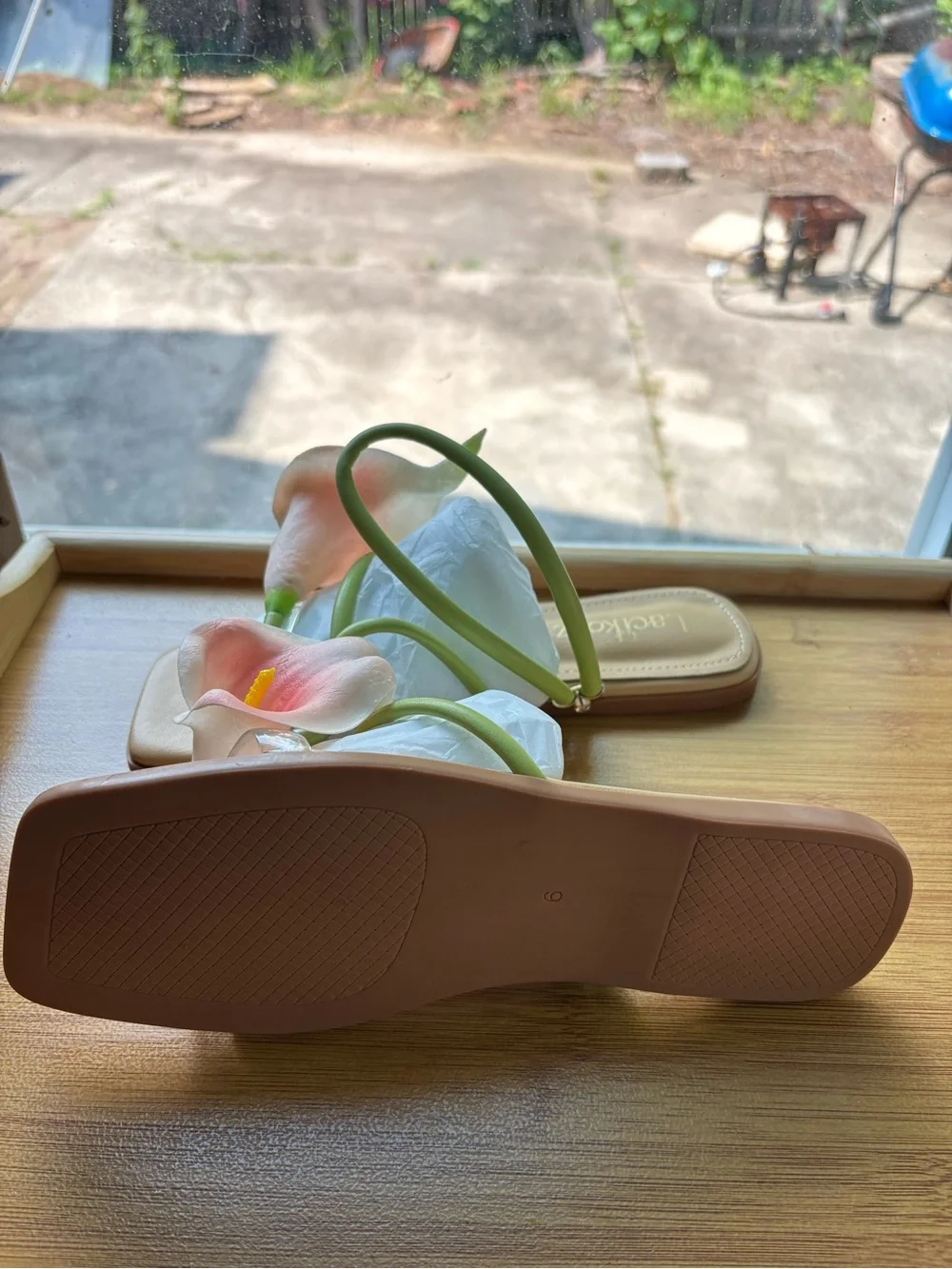 Calla Flower Slide Sandals in Green and Peach